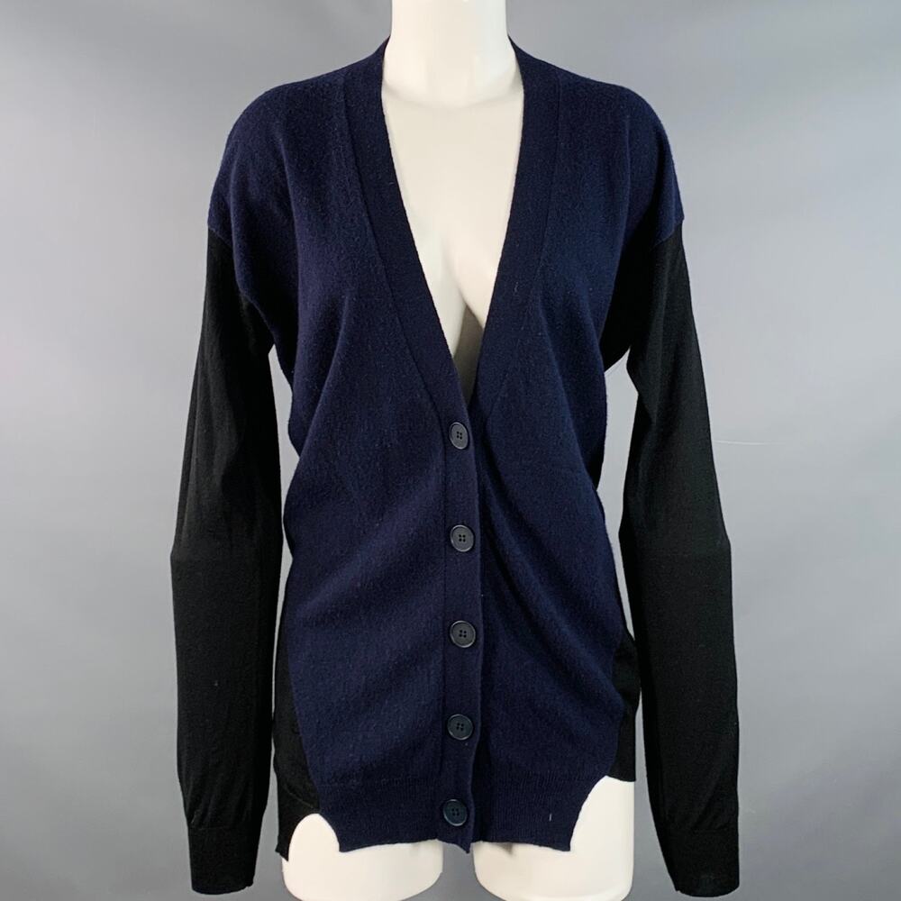 STELLA McCARTNEY Size 8 Navy Black Virgin Wool Two Tone V-Neck Cardigan